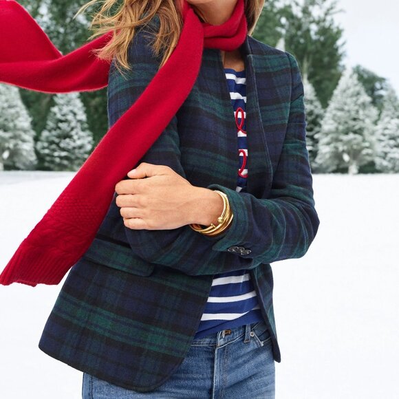 Talbots Black Watch Velvet Trim Plaid Blue & Green Holiday Wool Blend Blazer 12 - Picture 1 of 10